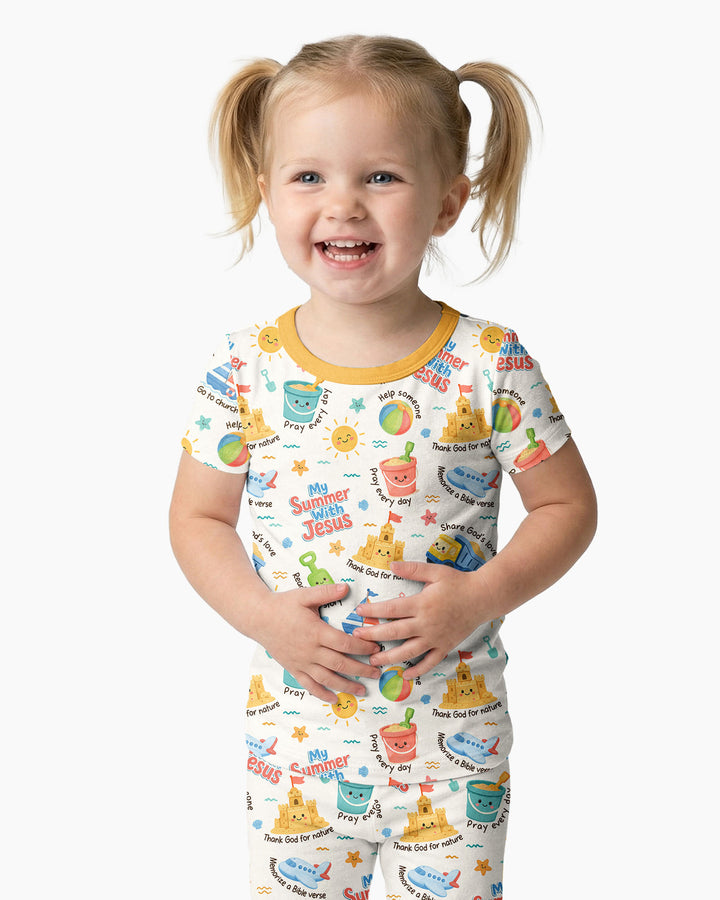 Colorful Summer Beach With Jesus Bamboo Two Piece Short Sleeve Pajama Set