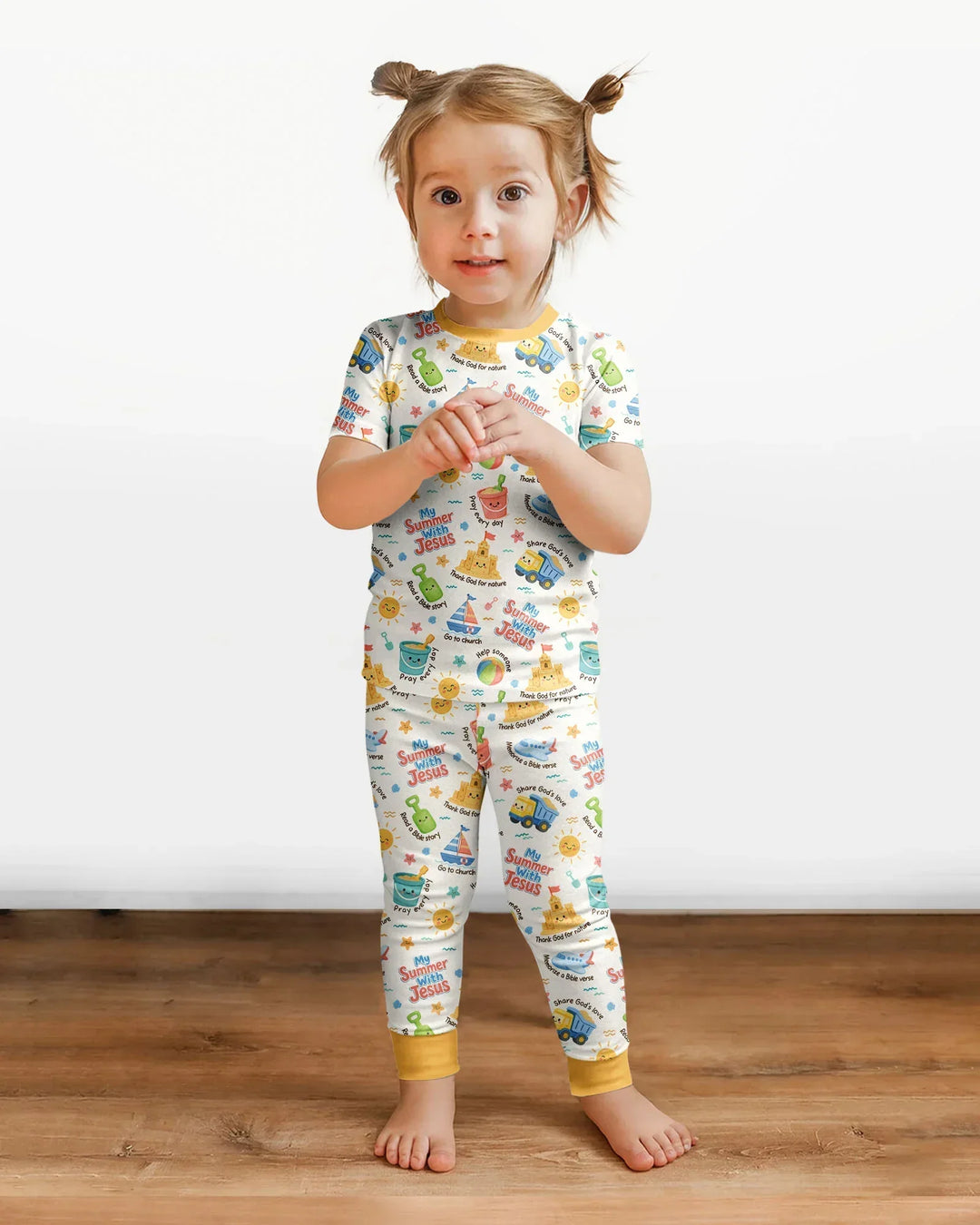 Colorful Summer Beach With Jesus Bamboo Two Piece Short Sleeve Pajama Set