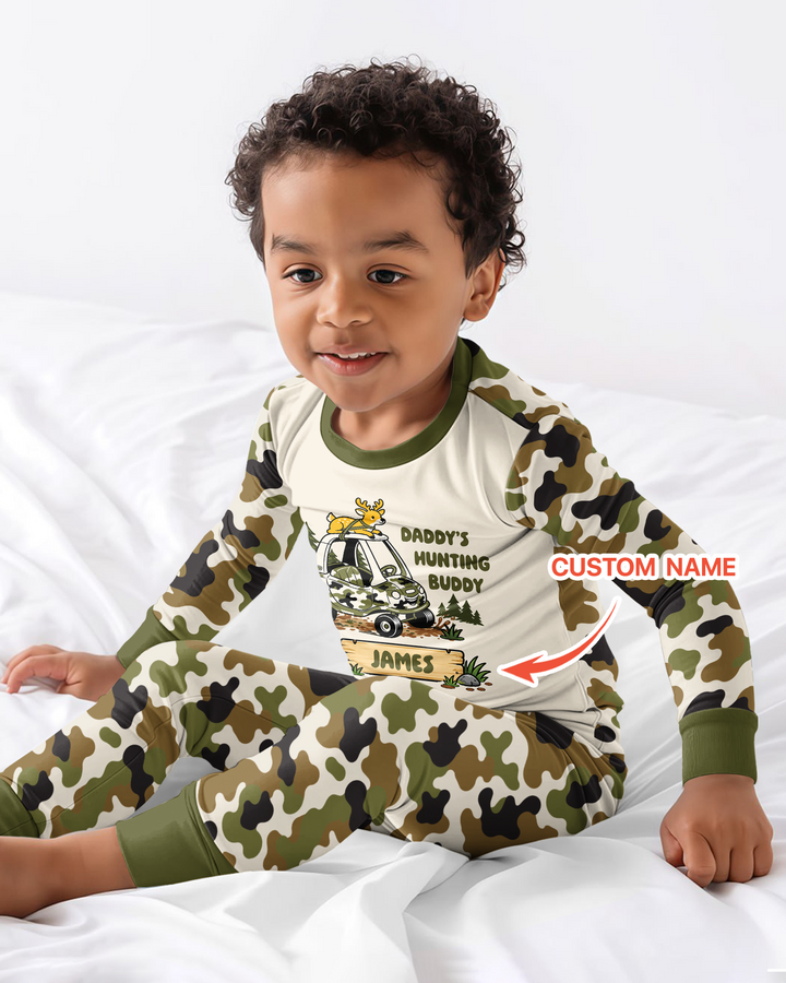 Custom Name Daddy's Hunting Buddy Bamboo Two Piece Long Sleeve Pajama Set