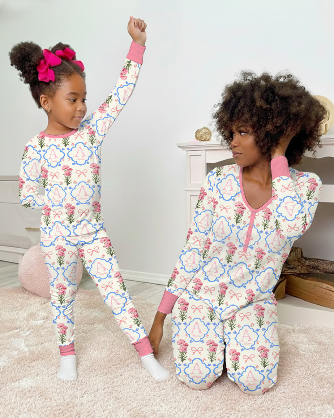Personalized Birth Flower Mommy And Me Matching Bamboo Two Piece Long Sleeve Pajama Set