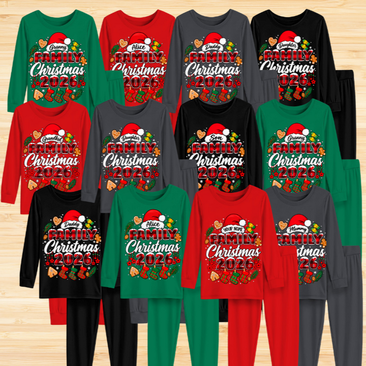 Custom Name Family Christmas 2026 Buffalo Plaid Bamboo Two Piece Long Sleeve Pajama Set