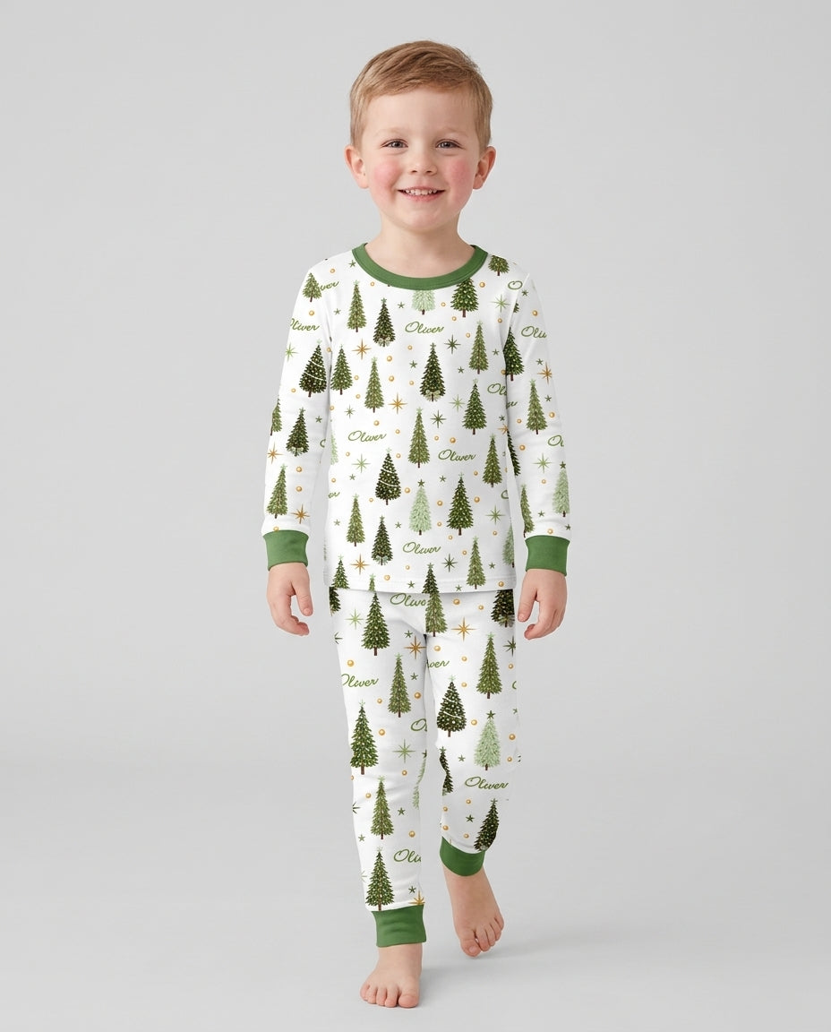 Custom Name Merry Christmas Tree Bamboo Two Piece Long Sleeve Pajama Set