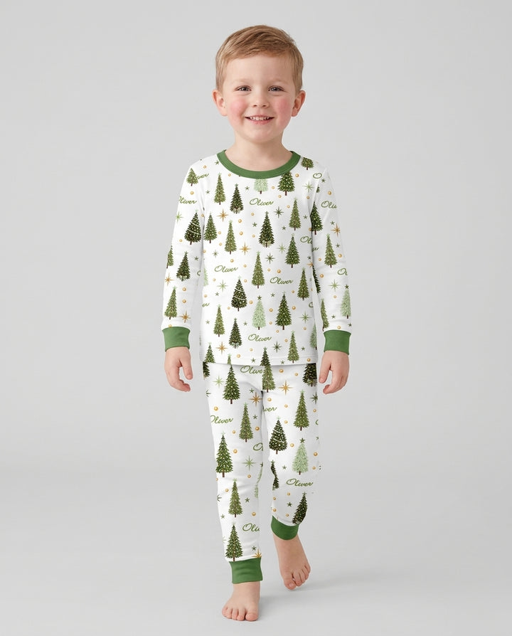 Custom Name Merry Christmas Tree Bamboo Two Piece Long Sleeve Pajama Set
