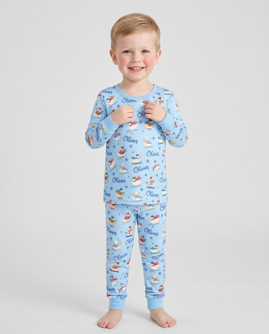 Custom Name Skiing Goose Bamboo Two Piece Long Sleeve Pajama Set