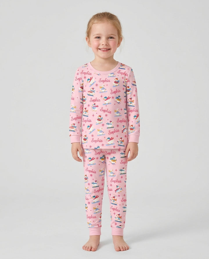 Custom Name Skiing Goose Bamboo Two Piece Long Sleeve Pajama Set