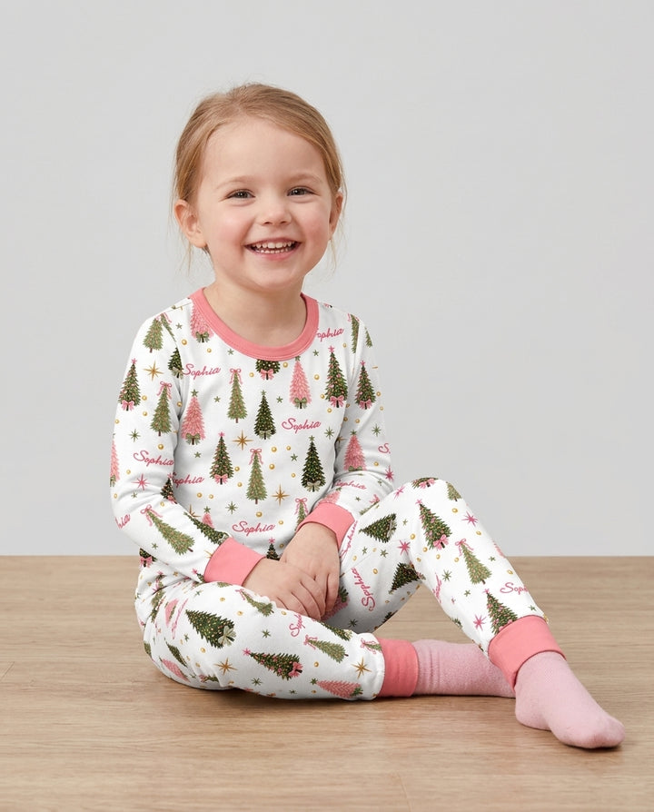 Custom Name Merry Christmas Tree Bamboo Two Piece Long Sleeve Pajama Set