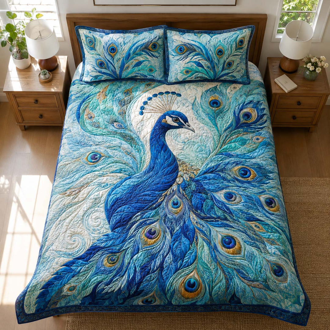 Majestic Blue Peacock Feather Fantasy Bamboo Quilt Bedding Set