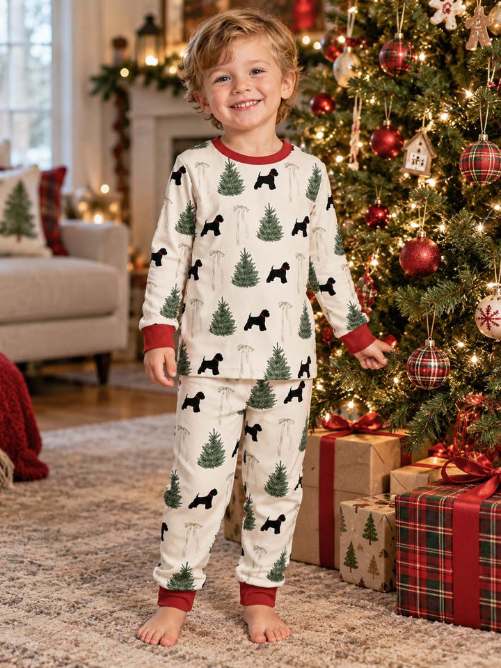 Minimal Christmas Dog and Pine Trees Bamboo Two Piece Long Sleeve Pajama Set