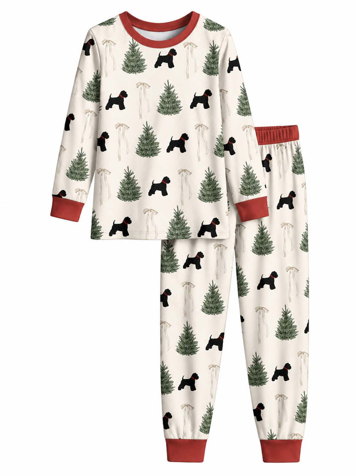 Minimal Christmas Dog and Pine Trees Bamboo Two Piece Long Sleeve Pajama Set