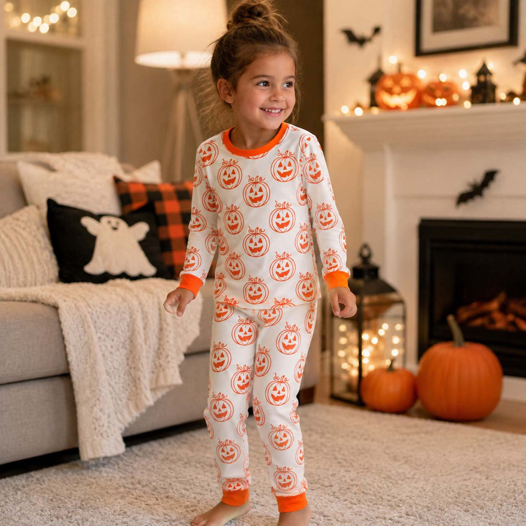 Minimal Pumpkin Faces Bamboo Two Piece Long Sleeve Pajama Set