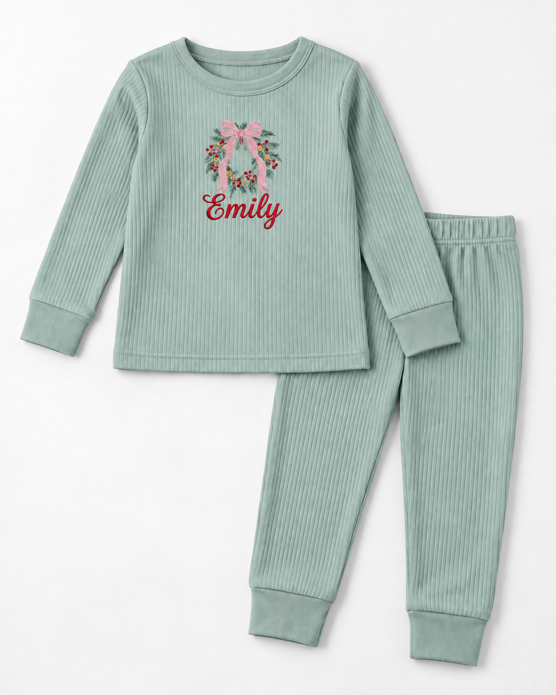 Merry Berry Wreath Embroidered Ribbed Bamboo Two Piece Long Sleeve Pajama Set