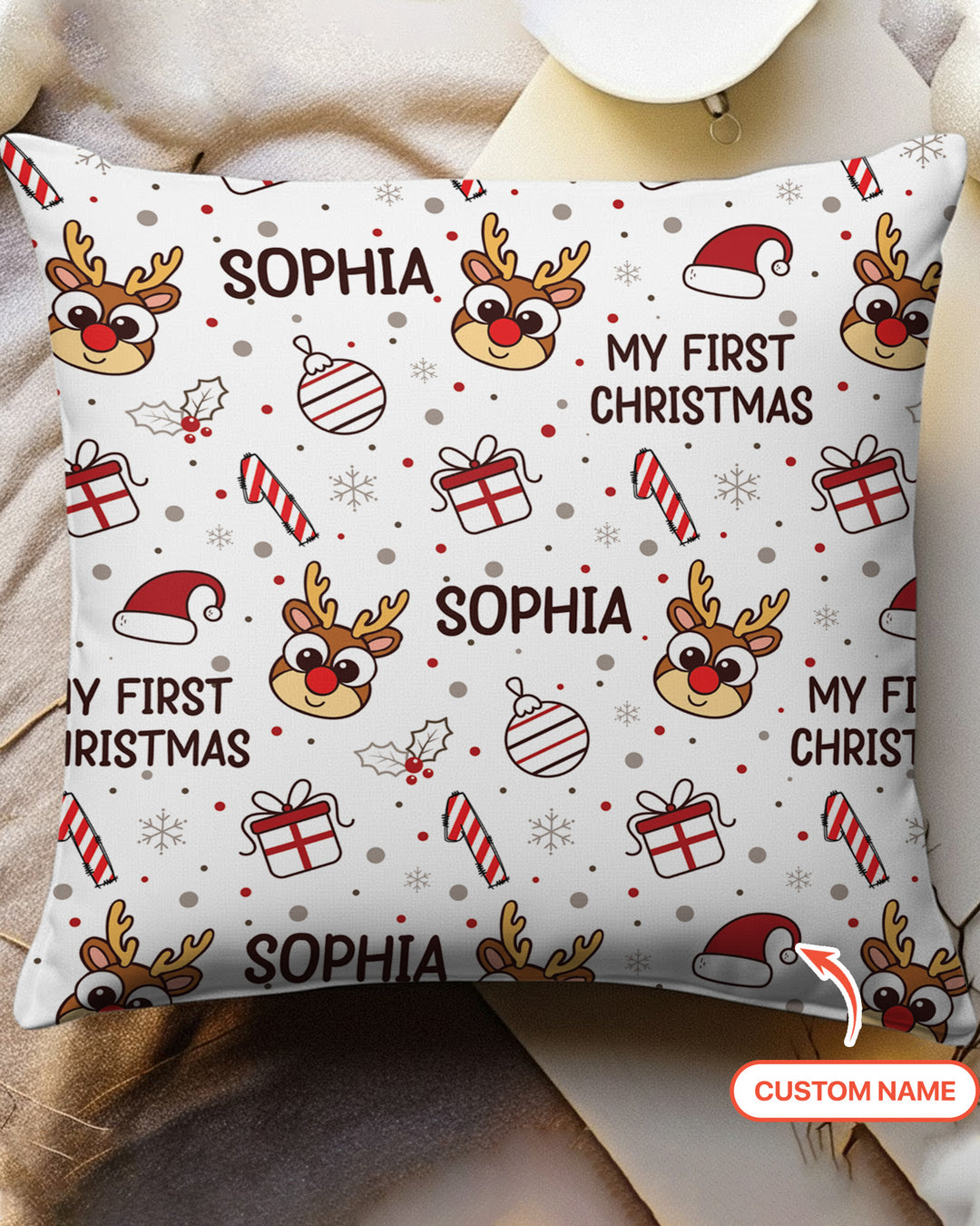 Custom Name Reindeer Doodle My First Christmas Bamboo Pillow Case