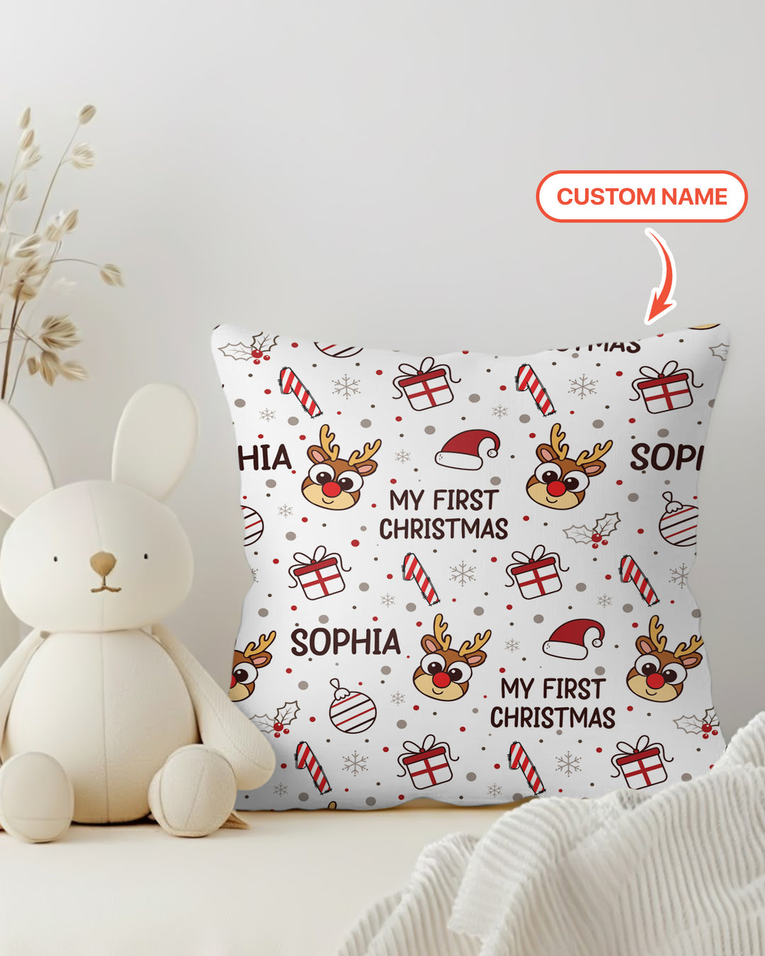 Custom Name Reindeer Doodle My First Christmas Bamboo Pillow Case