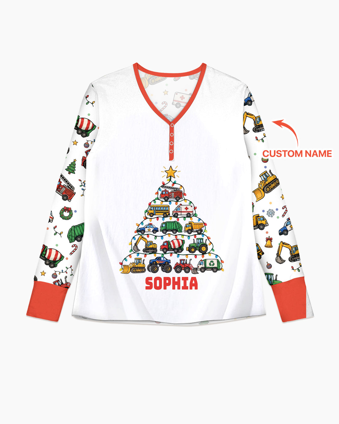 Custom Name Little Trucks Christmas Tree Bamboo Women Pajama Set