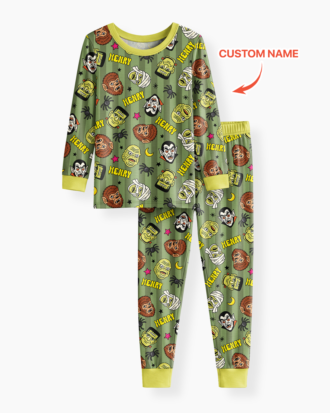 Custom Name Spooky Monsters Bamboo Two Piece Long Sleeve Pajama Set