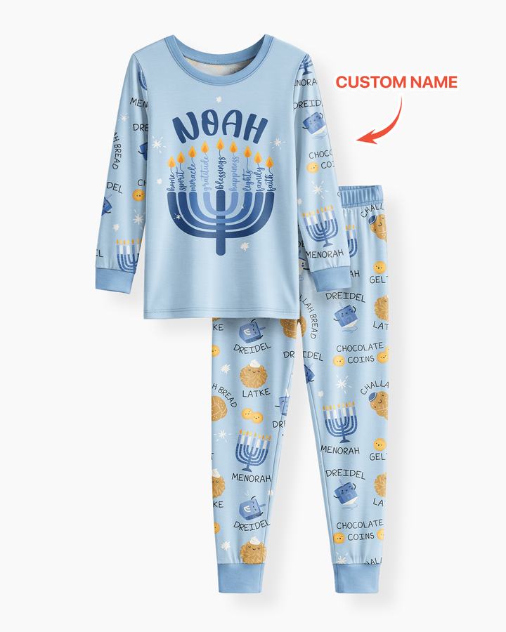 Custom Hanukkah Family Matching  Bamboo Two Piece Long Sleeve Pajama Set