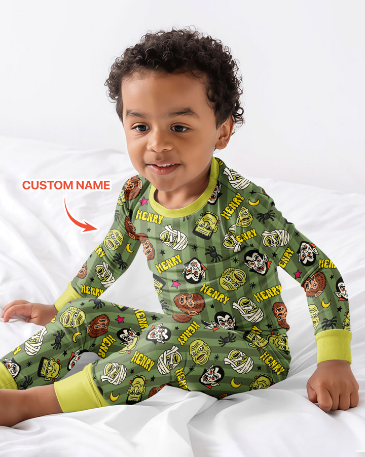 Custom Name Spooky Monsters Bamboo Two Piece Long Sleeve Pajama Set