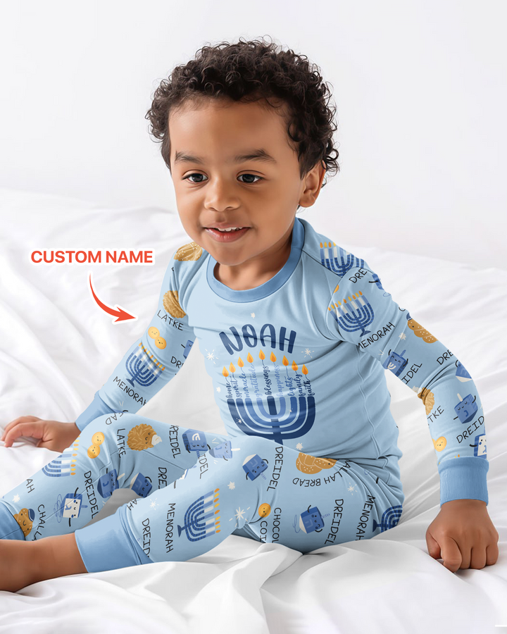Custom Hanukkah Family Matching  Bamboo Two Piece Long Sleeve Pajama Set