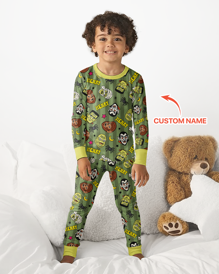 Custom Name Spooky Monsters Bamboo Two Piece Long Sleeve Pajama Set