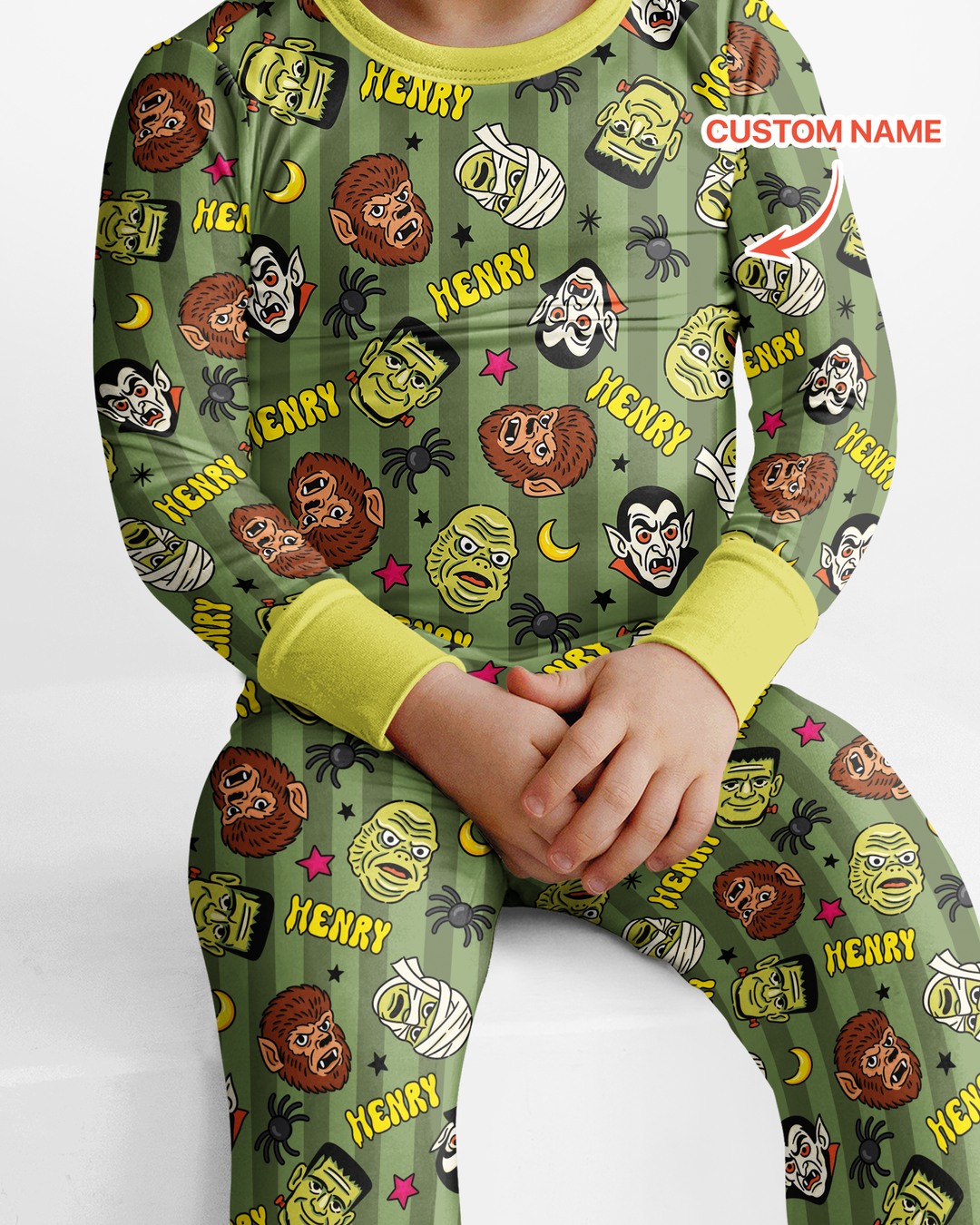 Custom Name Spooky Monsters Bamboo Two Piece Long Sleeve Pajama Set