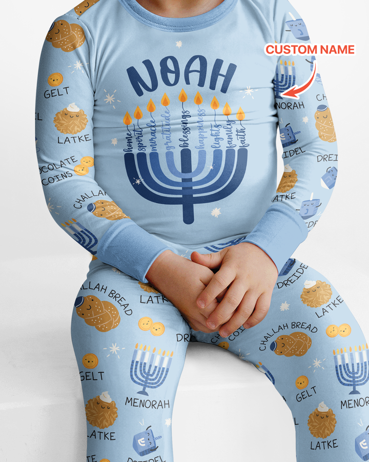 Custom Hanukkah Family Matching  Bamboo Two Piece Long Sleeve Pajama Set
