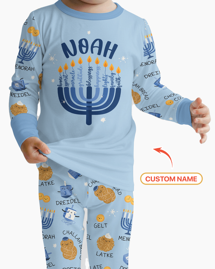 Custom Hanukkah Family Matching  Bamboo Two Piece Long Sleeve Pajama Set