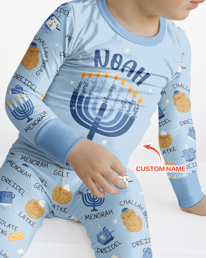 Custom Hanukkah Family Matching  Bamboo Two Piece Long Sleeve Pajama Set