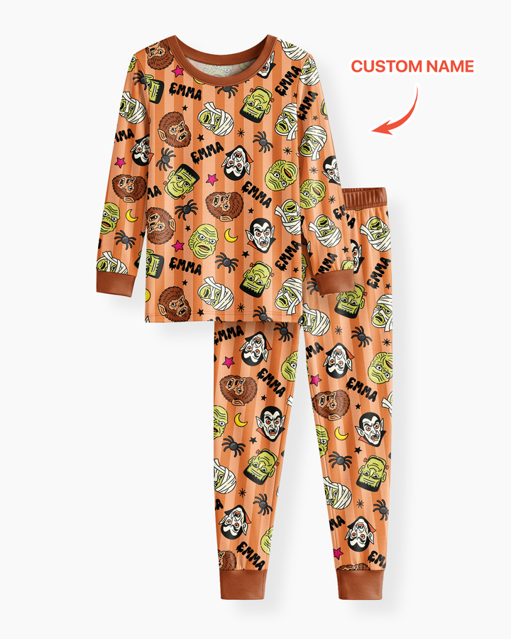 Custom Name Spooky Monsters Bamboo Two Piece Long Sleeve Pajama Set