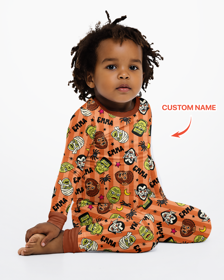 Custom Name Spooky Monsters Bamboo Two Piece Long Sleeve Pajama Set