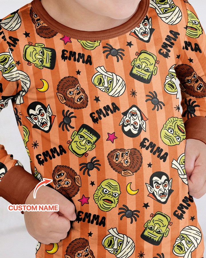 Custom Name Spooky Monsters Bamboo Two Piece Long Sleeve Pajama Set