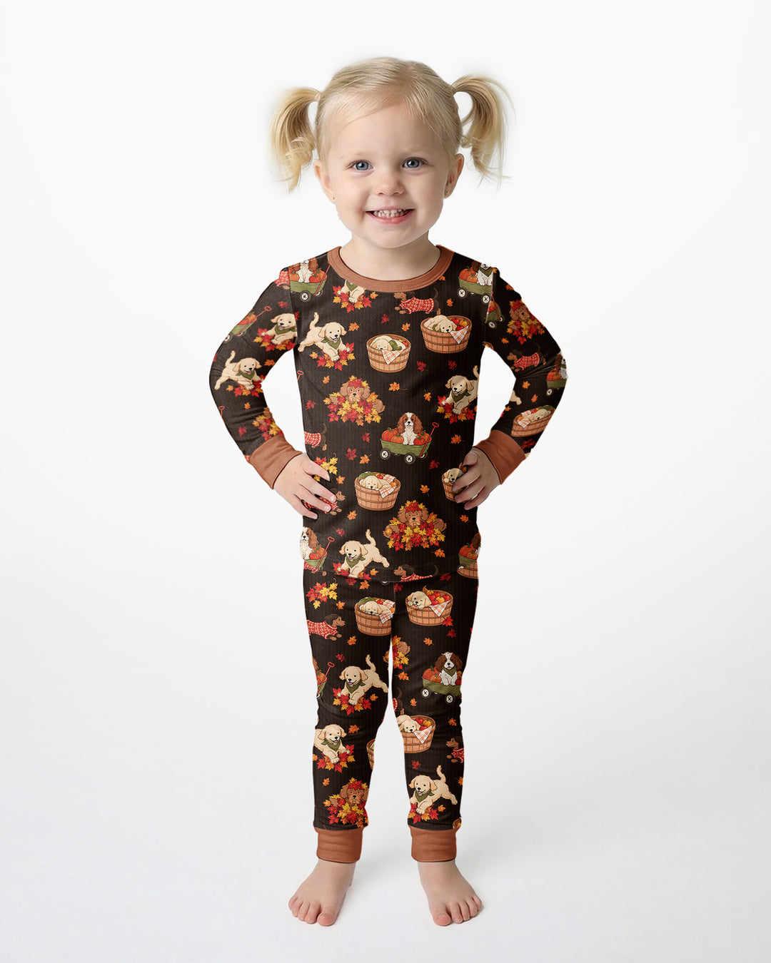 Pups in the Leaves Bamboo Two Piece Long Sleeve Pajama Set