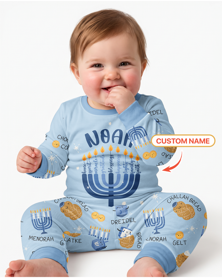 Custom Hanukkah Family Matching  Bamboo Two Piece Long Sleeve Pajama Set