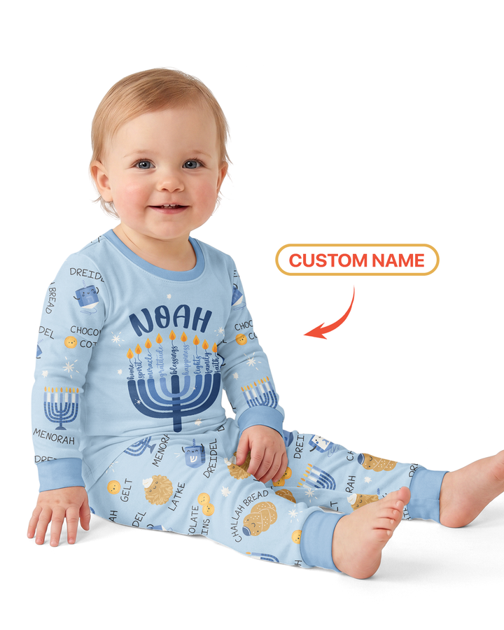Custom Hanukkah Family Matching  Bamboo Two Piece Long Sleeve Pajama Set