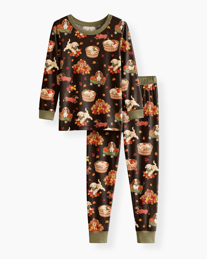 Pups in the Leaves Bamboo Two Piece Long Sleeve Pajama Set