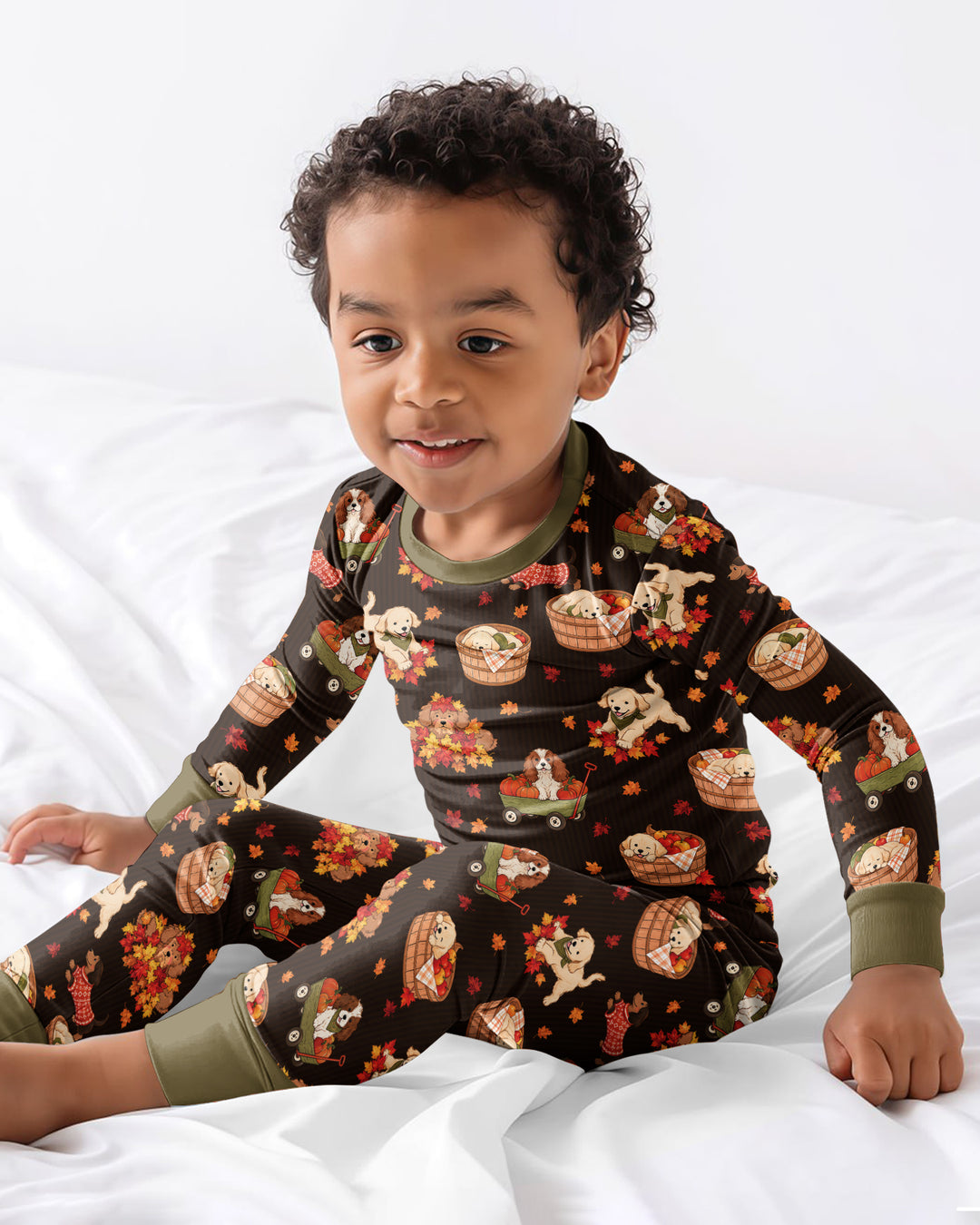 Pups in the Leaves Bamboo Two Piece Long Sleeve Pajama Set