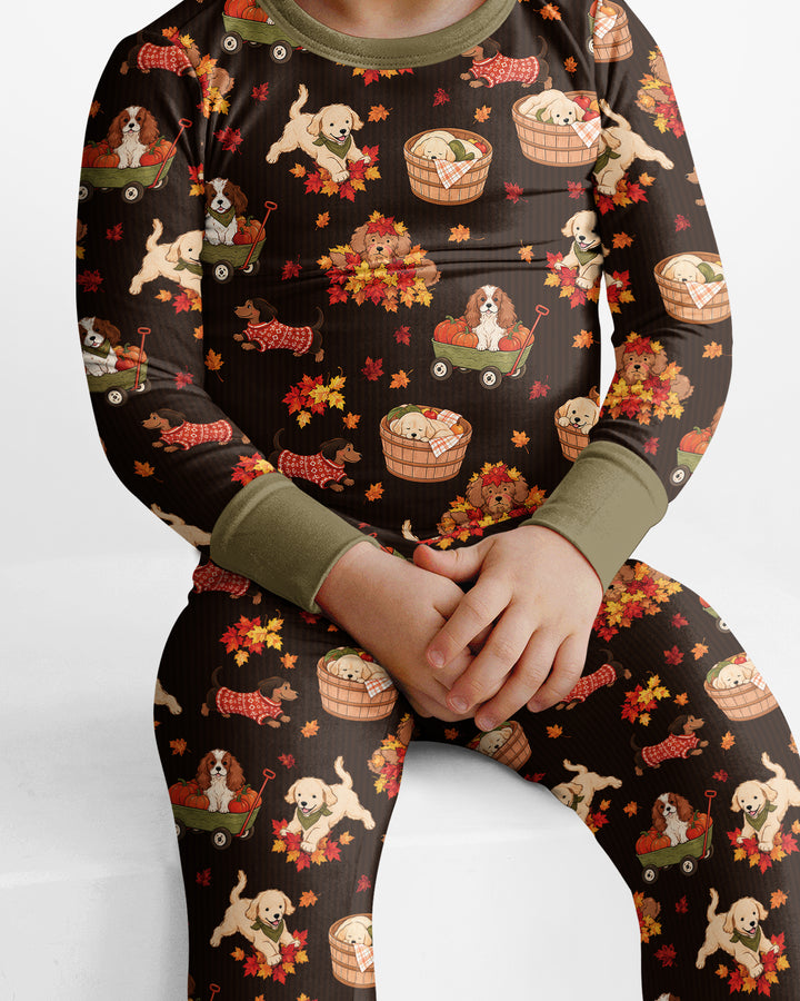 Pups in the Leaves Bamboo Two Piece Long Sleeve Pajama Set