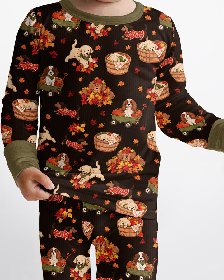 Pups in the Leaves Bamboo Two Piece Long Sleeve Pajama Set