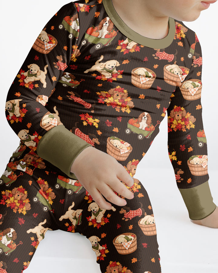 Pups in the Leaves Bamboo Two Piece Long Sleeve Pajama Set