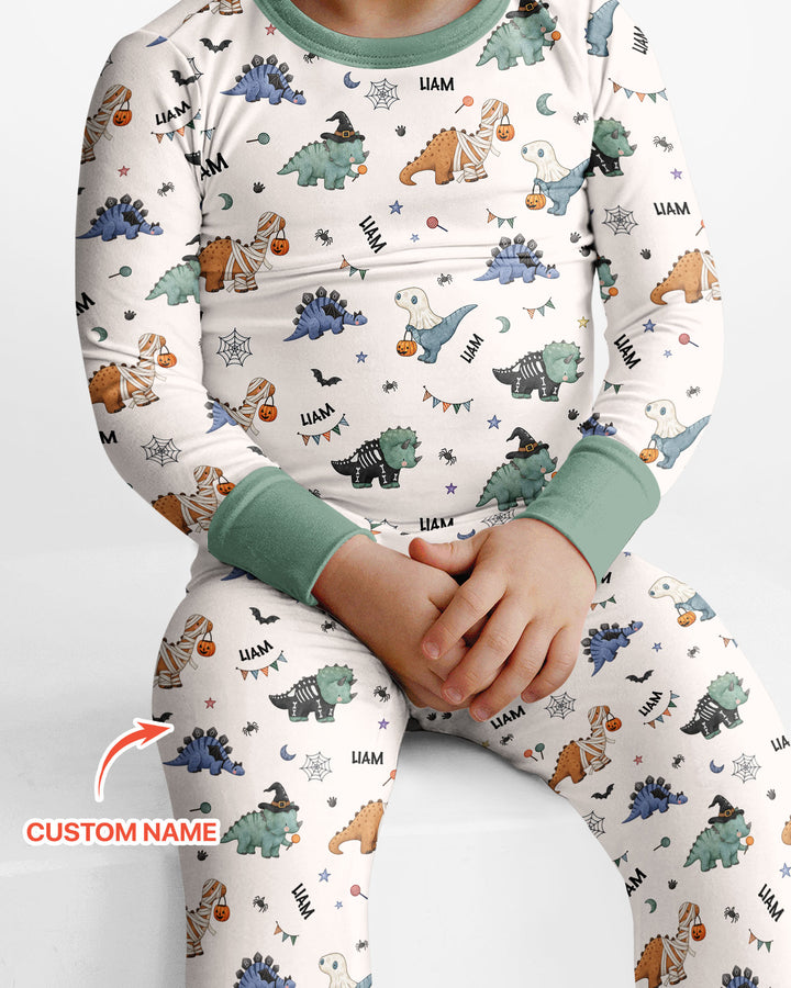 Custom Name Cute Halloween Dinosaur - Personalized Long Sleeve Pajama Set