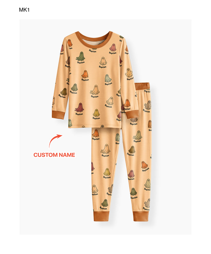 Cute Boo Ghost Vintage Halloween Bamboo Two Piece Long Sleeve Pajama Set