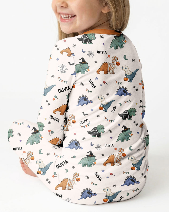 Custom Name Cute Halloween Dinosaur - Personalized Long Sleeve Pajama Set