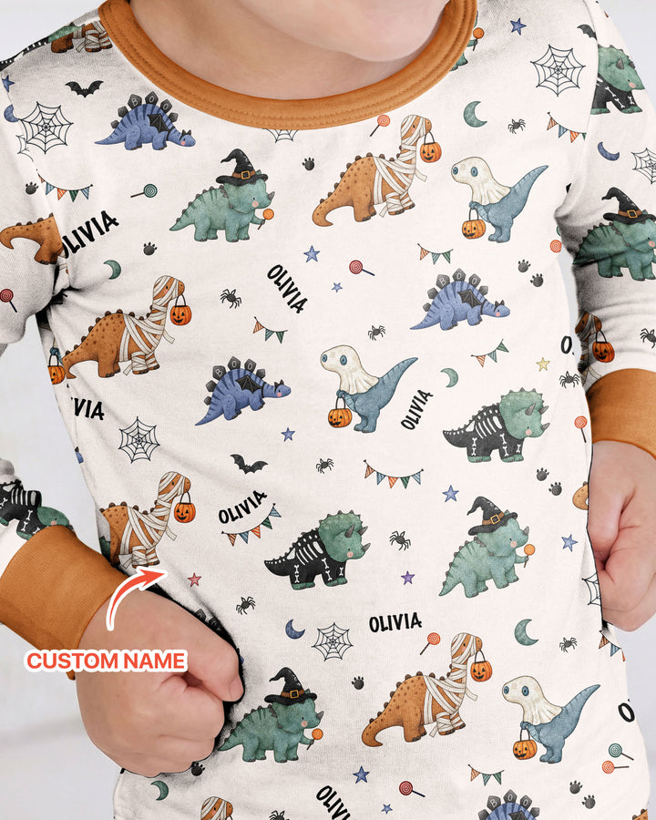 Custom Name Cute Halloween Dinosaur - Personalized Long Sleeve Pajama Set