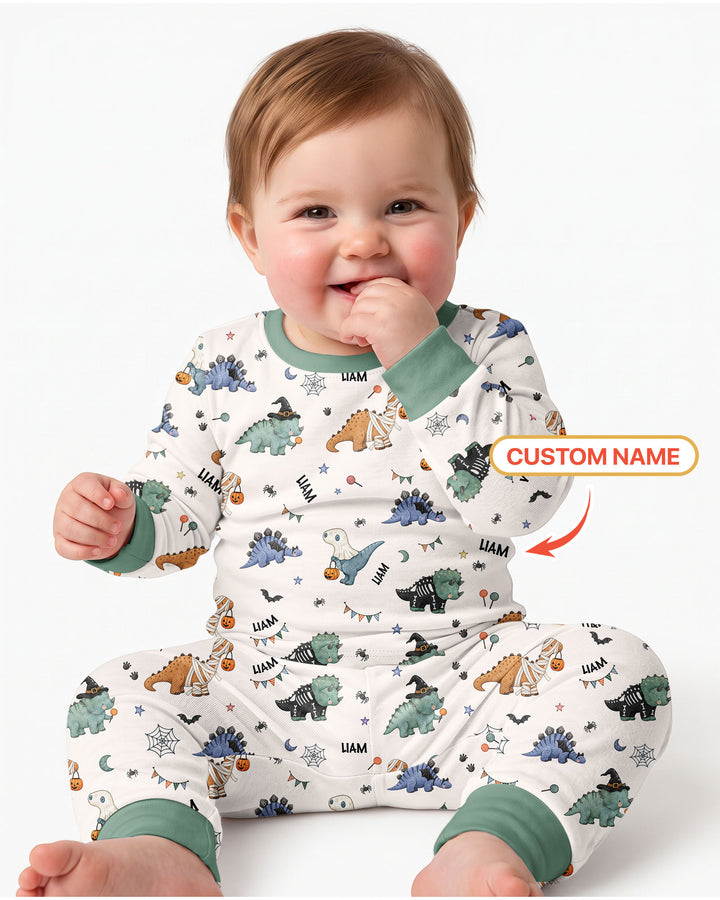 Custom Name Cute Halloween Dinosaur - Personalized Long Sleeve Pajama Set