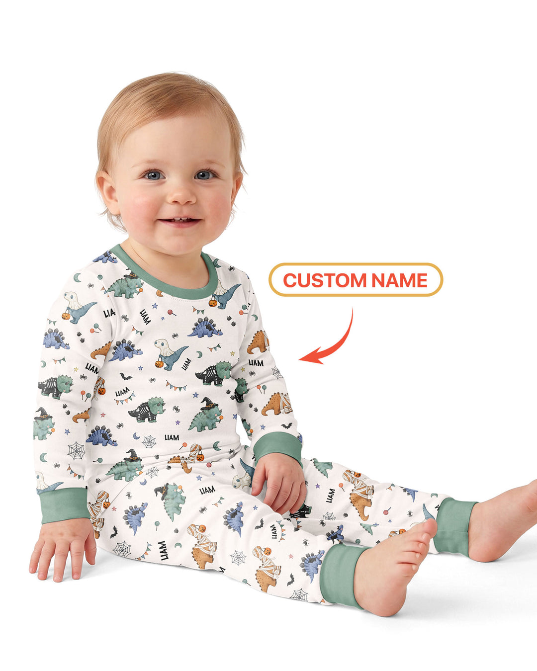 Custom Name Cute Halloween Dinosaur - Personalized Long Sleeve Pajama Set