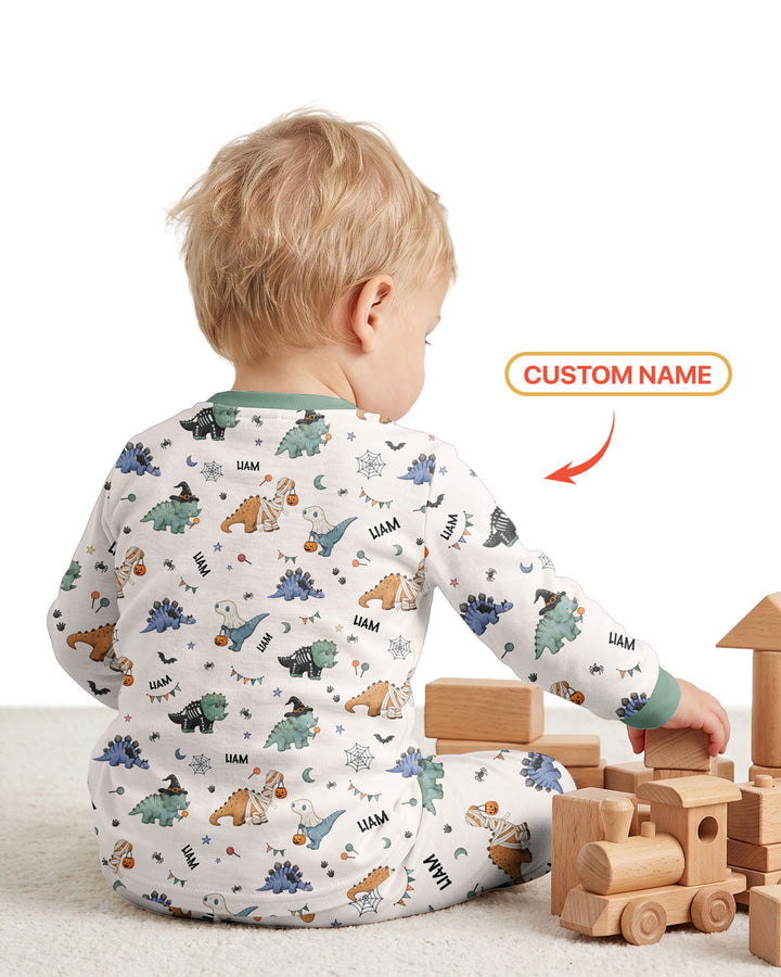Custom Name Cute Halloween Dinosaur - Personalized Long Sleeve Pajama Set