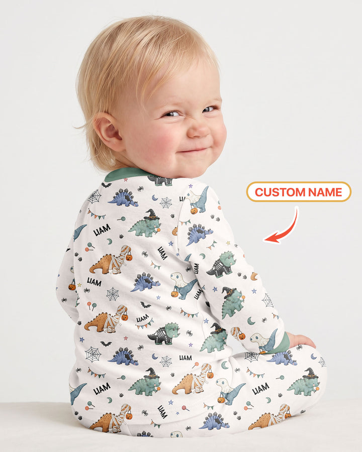 Custom Name Cute Halloween Dinosaur - Personalized Long Sleeve Pajama Set