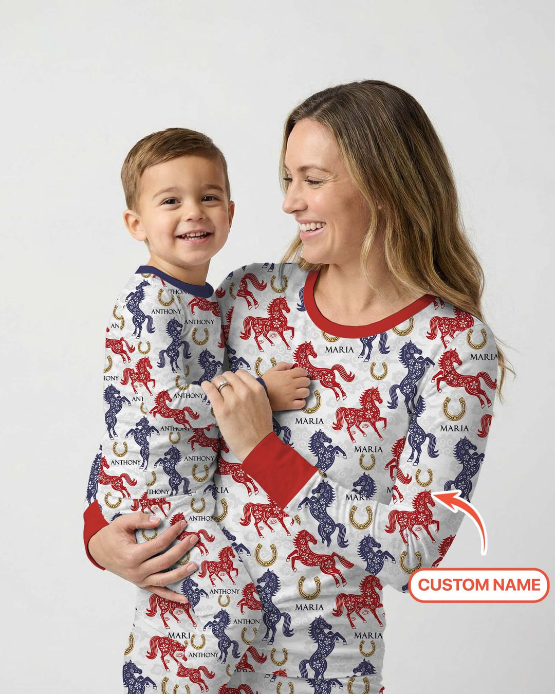 Custom Name Chinoiserie Horses Bamboo Two Piece Long Sleeve Pajama Set