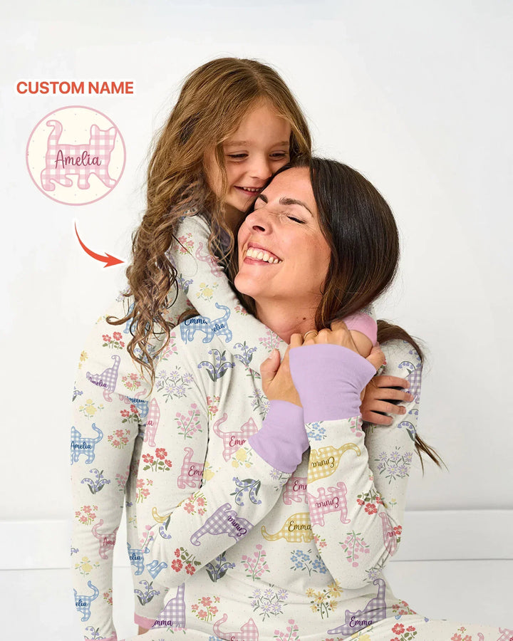 Gingham Cats Custom Name Bamboo Women Pajama Set
