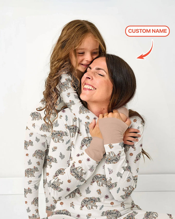 Benutzerdefinierter Name Blumen Bär Familie Passender Bambus Damen Schlafanzug Set