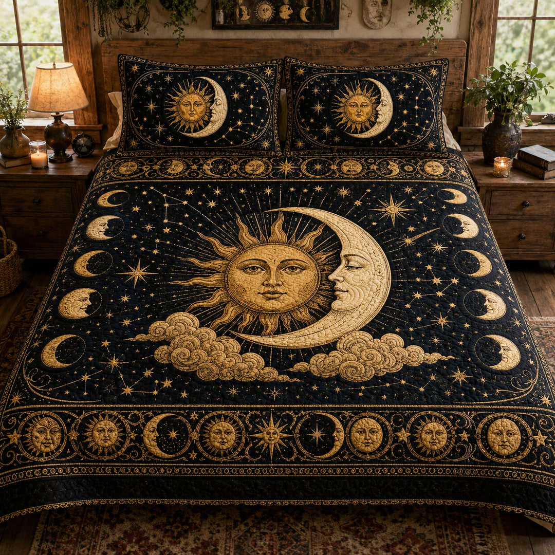 Mystic Moon Phases Bamboo Quilt Bedding Set